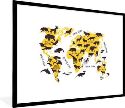 Poster in lijst - Fotolijst 80x60 cm - Posters - Wereldkaart - Dieren - Geel - Posterlijst zwart - Decoratie - Wanddecoratie woonkamer - Muurdecoratie slaapkamer