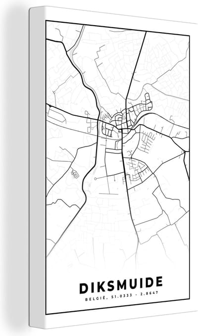 Canvas Schilderij België – Diksmuide – Stadskaart – Kaart – Zwart Wit – Plattegrond - 20x30 cm - Wanddecoratie