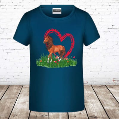 Trendy petrol meisjes t-shirt met paarden - Blauw - 98/104