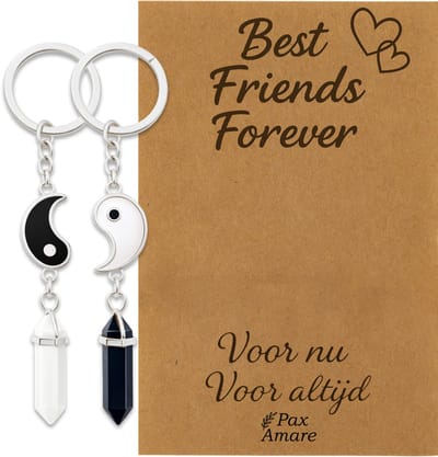 BFF Sleutelhanger voor 2 'Best Friends Forever' - Yin Yang met Edelsteen - Sleutelhangers op Cadeau Kaartje - Zilverkleurig - Vriendschap Symbool - Pax Amare