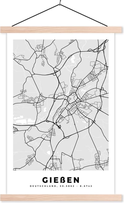 Posterhanger incl. Poster 40x60 cm - Schoolplaat - Duitsland - Stadskaart - Plattegrond - Gieẞen - Kaart - Textielposter - Blanke latten - Stadskaart