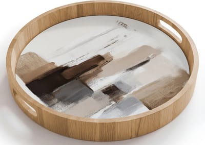 Dienblad rond 40x40 cm - Schootdienblad hout - Penseelstreken - Balans - Beige - Bruin - Borrelplank rechthoek - Plateau houten dienbladen