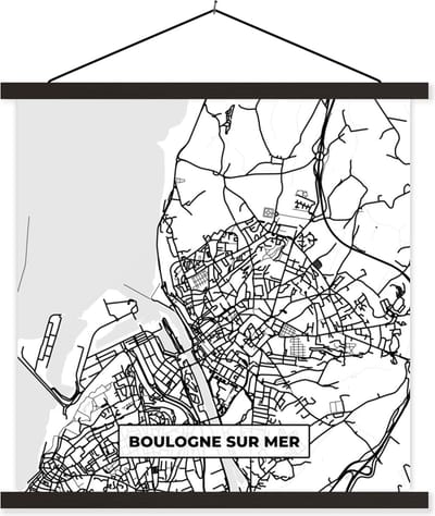 Posterhanger incl. Poster 60x60 cm - Schoolplaat - Boulogne sur Mer - Stadskaart - Plattegrond - Kaart - Frankrijk - Zwart wit - Textielposter - Zwarte latten - Stadskaart