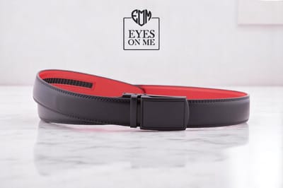 Zwart + rood lederen riem zonder gaatjes met automatische gesp voor heren ( model L023 )