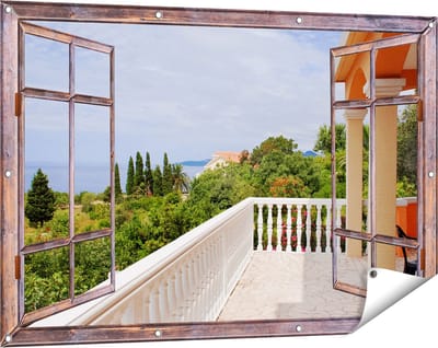 Gards Tuinposter Doorkijk Terras in Toscane - 120x80 cm - Tuindoek - Tuindecoratie - Wanddecoratie buiten - Tuinschilderij