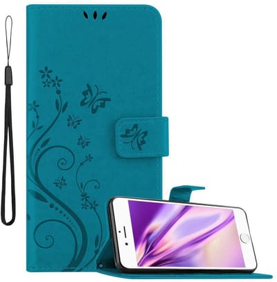 Cadorabo Hoesje geschikt voor Apple iPhone 6 PLUS / 6S PLUS in BLOEMEN BLAUW - Beschermhoes in bloemmotief met magnetische sluiting, standfunctie en kaartsleuven Book Case Cover Etui