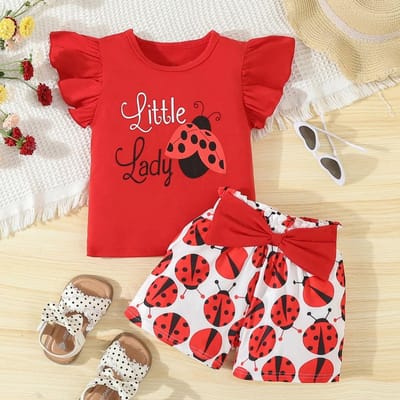 Zomer Schattig Lieveheersbeestje Outfit 2-delige Set voor Baby Meisjes Mouwloos T-shirt + Casual Korte Broek Baby Pasgeboren Baby Meisje Kleding 100(3-4Y)