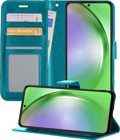 Hoesje - Met Pasjeshouder - Geschikt voor Samsung Galaxy A54 - Luxe Bookcase Portemonee - Flip Case - Kunstleer Book Case - Flipcase - Book Cover - Walletcase - Portemonneehoes - Telefoonhoesjes - Turquoise