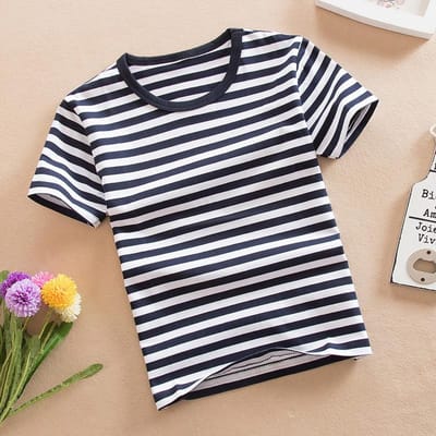 Zomer Kinder T-shirt met korte mouwen, Marineblauw shirt van puur katoen, Gestreept topje, Ronde hals, Middelgrote babyjongen, Halve mouwen 120cm