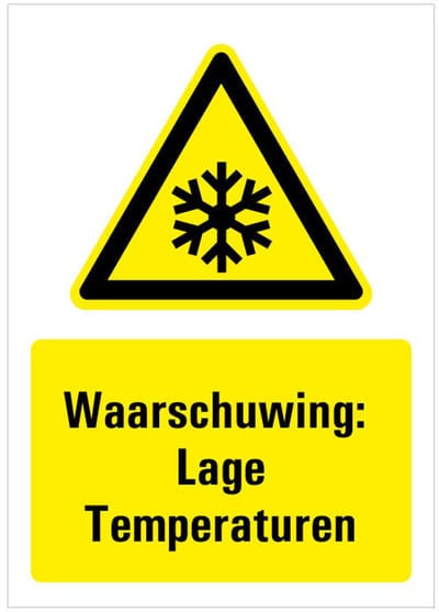 Bord met tekst waarschuwing lage temperaturen - kunststof 148 x 210 mm