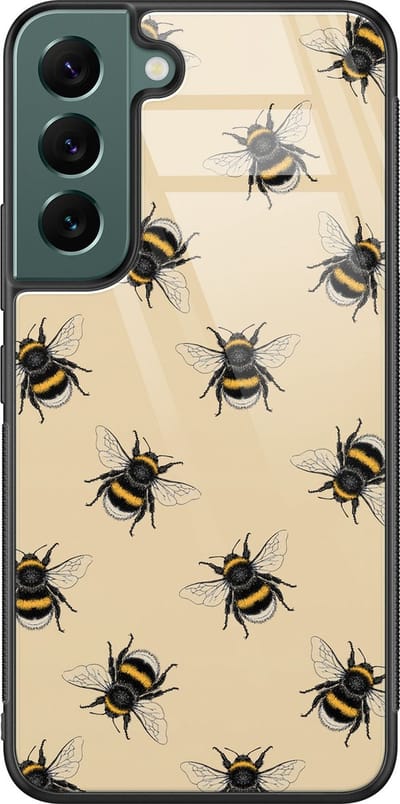 Hoesje geschikt voor Samsung Galaxy S22 - Bijen print - Luxe Glazen Hardcase - Luipaardprint - Grijs