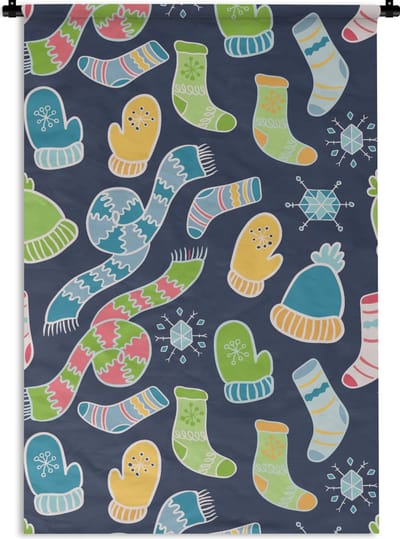 Wandkleed - Wanddoek - Sjaal - Handschoenen - Muts - Regenboog - Winter - Patronen - 60x90 cm - Wandtapijt