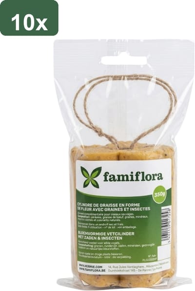 Famiflora Bloemvormige Vetcilinder 10 stuks (3.5KG) - Zaden & Insecten - Houten kern - 100% Natuurproduct - +/- 350g per stuk - Voor tuinvogels - Decoratieve bloemvorm - Bevat gedroogde insecten