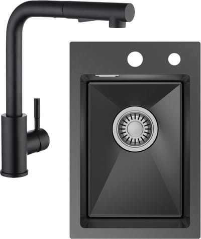 CECIPA max Spoelbak 30x45 cm - Spoelbak Keuken Met Uittrekbare Keukenkraan - Spoelbakken Keuken Antraciet- Wasbak Keuken - incl. Afvoerzeefje en Sifon