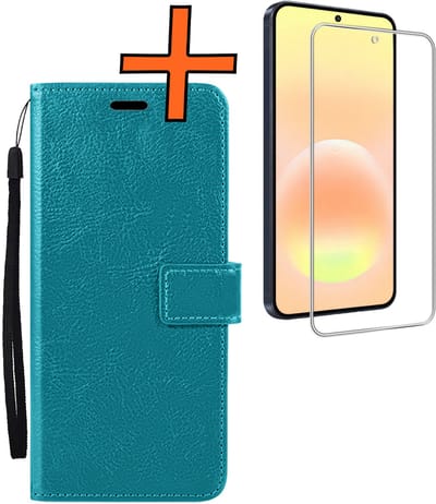 Hoes - Met Screenprotector - Geschikt voor Samsung Galaxy A57 - Luxe Pasjeshouder - Bookcase Portemonee - Flip Case - Kunstleer Book Case - Flipcase - Book Cover - Walletcase - PortemonneeHoes - Turquoise