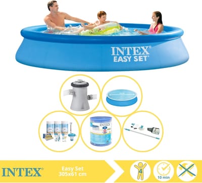 Intex Rond Opblaasbaar Easy Set Zwembad - 305 x 61 cm - Blauw - Inclusief Pomp - Solarzeil - Onderhoudspakket - Filter - Stofzuiger - 6-delig