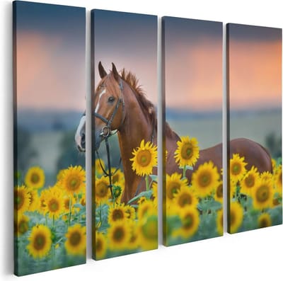 Artaza Canvas Schilderij Vierluik Bruin Paard Tussen De Zonnebloemen - 80x60 - Foto Op Canvas - Canvas Print
