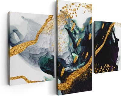 Artaza Canvas Schilderij Drieluik Abstracte Kunst - Zwart Wit met Gouden Strepen - 90x60 cm - Wanddecoratie Woonkamer - Schilderijen - Muurdecoratie