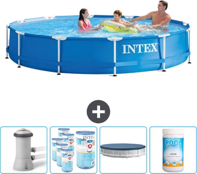 Intex Rond Frame Zwembad - 366 x 76 cm - Blauw - Inclusief Pomp Filters - Afdekzeil - Chloor