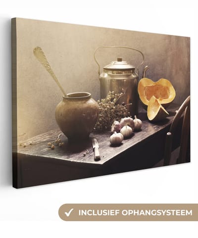 Canvas schilderij 30x20 cm - Wanddecoratie Stilleven - Pompoen - Knoflook - Pan - Tafel - Muurdecoratie woonkamer - Slaapkamer decoratie - Kamer accessoires - Schilderijen op canvas