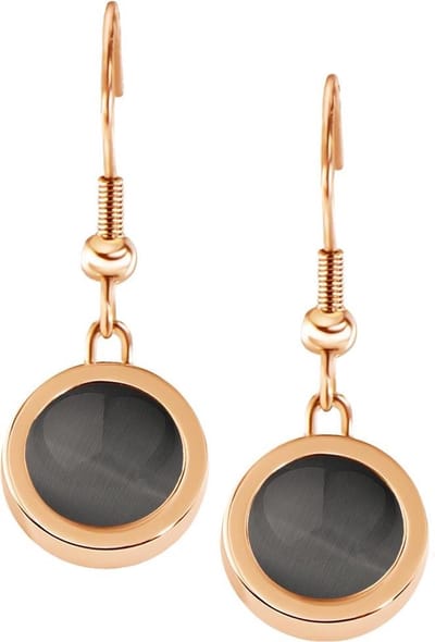 Quiges RVS Schroefsysteem Oorhangers Oorbellen Rosékleurig met Verwisselbare Donkergrijze Cat's Eye Mini Munt Set - ECOS045