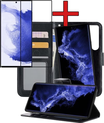 Hoesje - 2 in 1 - Geschikt voor Samsung Galaxy S22 Ultra - Met Screenprotector - En Uitneembare Hard Cover - Kunstleer - Bookcase - Wallet Case - Met Pasjeshouder - Book Case - Uitneembaar - Pashouder - Telefoonhoes - Zwart