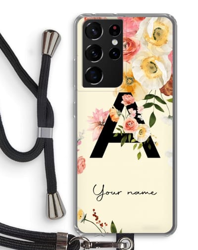 Gepersonaliseerd - Case Company® - Hoesje met koord geschikt voor Samsung Galaxy S21 Ultra hoesje met Koord - Flirty Flowers Monogram - Telefoonhoesje met Zwart Koord - Bescherming aan alle Kanten en Over de Schermrand