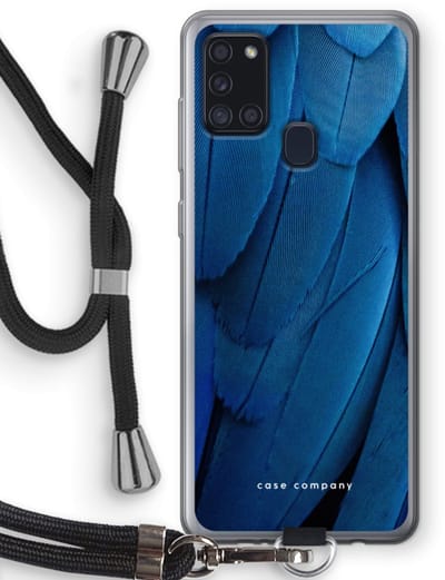 Case Company® - Hoesje met koord geschikt voor Samsung Galaxy A21s hoesje met Koord - Pauw - Telefoonhoesje met Zwart Koord - Bescherming aan alle Kanten en Over de Schermrand