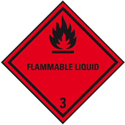 ADR klasse 3 sticker ontvlambare vloeistoffen met tekst, zeewaterbestendig 100 x 100 mm
