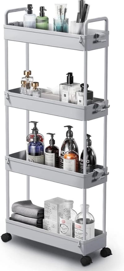 Opbergtrolley kar - Uitschuifbare slanke rollende boodschappenkar - Mobiele opslagrekken - Organizer voor keuken badkamer - Kunststof grijs