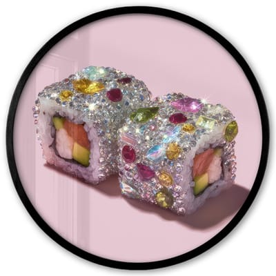Poster in lijst Rond - Fotolijst 40x40 cm - Posters - Sushi - Rolletjes - Steentjes - Kleurrijk - Ronde posterlijst zwart - Decoratie - Wanddecoratie woonkamer - Muurdecoratie slaapkamer