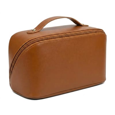 Bruine toilet tas dames grote capaciteit make up tas toilettas met handvat en ritssluiting ruime opberg tas voor cosmetica en toiletartikelen