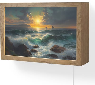 Wandlamp 30x20 cm - Oplaadbaar - Zee - Zon - Golven - Rotsen - Wandlampen binnen woonkamer - Slaapkamer lamp met kabel - Decoratieve nachtlamp - Vloerlamp snoer