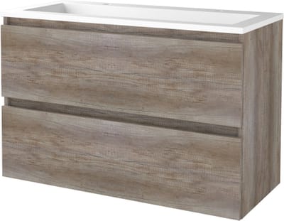 Basic Start 46 badmeubelset met greeploze wastafelonderkast met 2 lades en acryl wastafel met 2 kraangaten 100 x 46 cm, scotch oak