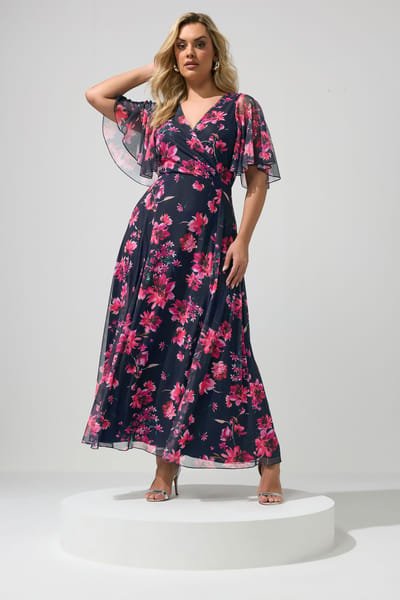 Yours London Marineblauwe Maxijurk Met Bloemenprint En Angelmouwen Size 42