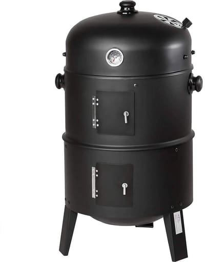 NaevaMi Houtskool grill - 3-in-1 bbq - Ø41 cm - bbq Houtskool - Briketten - Houtskoolbarbecues - Met deksel en Thermometer - Incl Geïntegreerde waterbak - Multifunctionele Houtskoolgrill - Smoker - Zwart