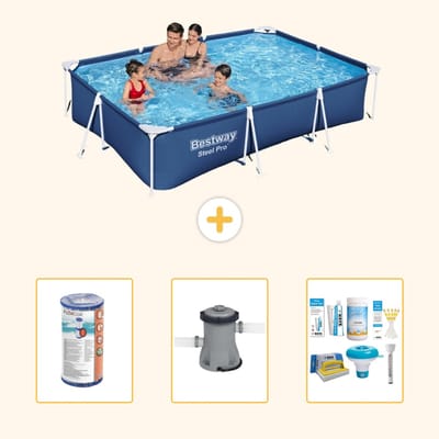 Bestway Rechthoekig Steel Pro Zwembad - 300 x 201 x 66 cm - Blauw - Inclusief Filter - Zwembadfilterpomp - Onderhoudspakket - 4-delig
