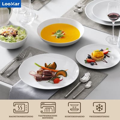 LooMar Luxe Serviesset – 48 delig – 12 persoons – Porselein - Bordenset – Dinner platen – Dessertborden - Kommen - Set - Wit