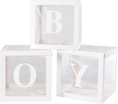 Drie doorzichtige letter ballon blokken Boy wit - boy - ballon box - ballon kubus - babyshower - genderreveal - geboorte