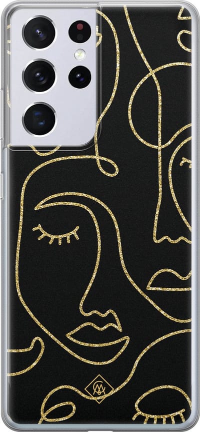 Casimoda® hoesje - Geschikt voor Samsung S21 Ultra - Abstract Faces - Backcover - Siliconen/TPU - Zwart