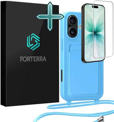 Hoesje Geschikt voor iPhone 17 Pashouder Case Siliconen Hoes Met Koord Met Screenprotector - Hoes Geschikt voor iPhone 17 Met Telefoonkoord Hoesje Back Cover Met Pasjeshouder - Lichtblauw