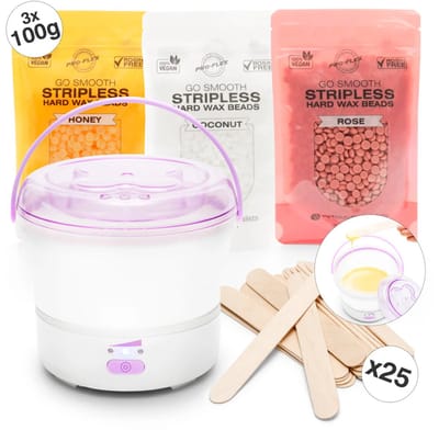 Rio - Go smooth stripless - hard wax heater - Wax Beans Verwarmer - Ontharing set - Siliconen kom - met 3x 100 gram Wax Bonen en 25 Spatels
