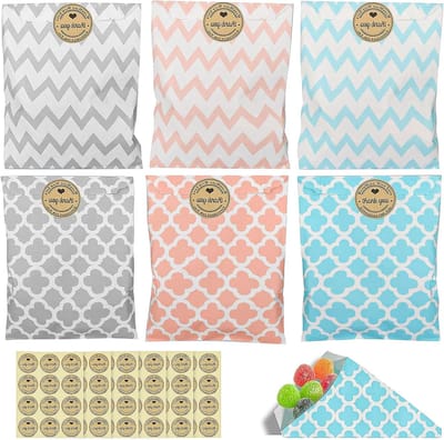 60 Stuks Papieren Zakjes voor Snoep, Cadeaus en Feestjes - Perfect voor Pasen, Verjaardagen en Bruiloften met 6 Unieke Ontwerpen en Labels