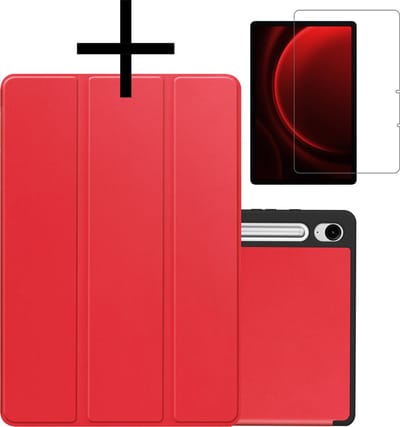 Hoes - Geschikt voor Samsung Galaxy Tab S9 FE - Met Screenprotector - Trifold Bookcase - Hard Cover Case - Met Uitsparing Geschikt voor S Pen - Hardcover Book - Tablet Hoesje - Rood