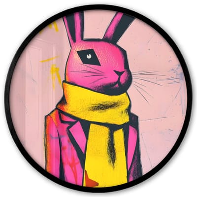 Poster in lijst Rond - Fotolijst 40x40 cm - Posters - Abstract - Konijn - Sjaal - Geel - Ronde posterlijst zwart - Decoratie - Wanddecoratie woonkamer - Muurdecoratie slaapkamer