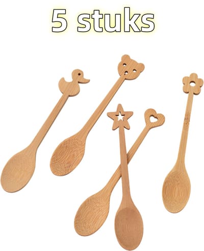 5-delige set - Lepel - Roerlepel - Kleine lepel - Geschikt voor thuisgebruik, ijs- en jamlepel - Bamboe - 14,5 cm * 2,8 cm - Houtkleur