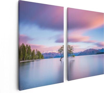 Artaza Canvas Schilderij Tweeluik Wanaka Boom In Het Water Bij Zonsopgang - 80x60 - Foto Op Canvas - Canvas Print