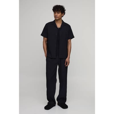 Regular Fit Onregelmatige Plooitextuur Korte Mouw Shirt En Ontspannen Broek Set | Black | Size XS