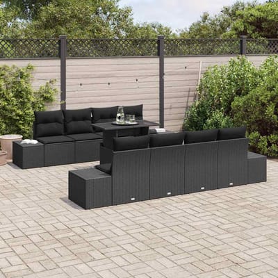 vidaXL - Tuinbank - Set - 9 - st - Zwart - Poly - Rattan - en - Poedergecoat - Staal