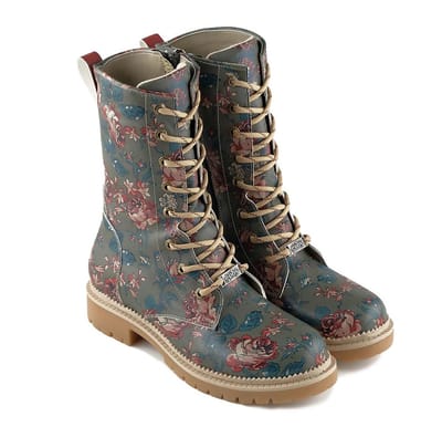 Goby Vintage Floral Dames Veterboots - Handgemaakt Vegan Leer - Maat 36